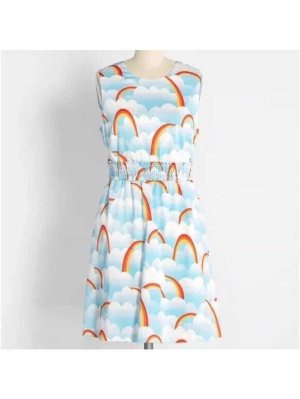 Modcloth Dreamscape Sky Park Fit and Flare Dress XS NEW Sea Blue Clouds Rainbow